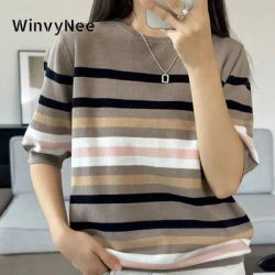 WinvyNee été femmes 100% coton t-shirts hauts à manches courtes col rond rayé chandails décontracté basique femme hauts pullover A 1002028