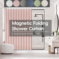 Magnetic Folding Shower Curtain，Waterproof & Space-Saving Design with Hooks, Thick Fabric in 6 Colors for Modern Bathroom Decor