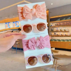 2/4 pièces/ensemble mignon couleur unie bandeau fleur enfants classique rond mode lunettes crème solaire lunettes chapeaux ensemble