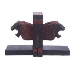 Lion Bounds,'Lion-Themed Rustic Bookends Hand-Carved from Sese Wood'