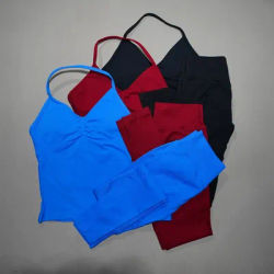 DFDK Ensemble de sport 2 pièces pour femme, haut de yoga dos nu, pantalon sans couture taille haute, tenue de sport pour la course et le fitness