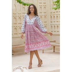 'Floral and Peacock-Themed Pink and Blue Cotton Midi Dress'