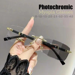 Lunettes de vue photochromiques sans monture carrée pour hommes et femmes, anti-UV, pour myopie, style rétro, 0-1.0-4.0