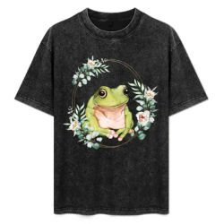 T-shirt de sport pour homme avec grenouille verte dans un cadre de couronne florale dorée