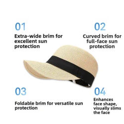 Chapeau de soleil en paille tressée à large bord, respirant, pliable et léger pour femme, idéal pour l'extérieur