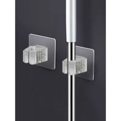 2pcs Perforated Transparent Mop Holder Clip Toilet Broom Storage Rack Wall Mounted Strong Hook