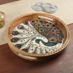 'Round Resin-Coated Mango Wood Tray with Peacock Theme'