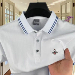 Polo à manches courtes pour homme, 100% coton pur, marque haut de gamme, mode été, nouveau, rayé, broderie abeille, haut de golf, t-shirt décontracté