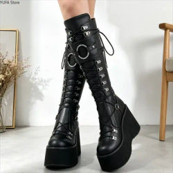 Bottes longues à talons compensés pour femmes, chaussures gothiques, bottes au-dessus du genou, bottes de cosplay à plateforme haute, nouvelles bottes à talons hauts pour femmes, Botas