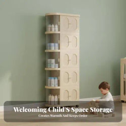 5-Tier Baby Cabinet Warm Beige Rolling Baby Cabinet Nursery Furniture Double Door Rounded Side Shelves