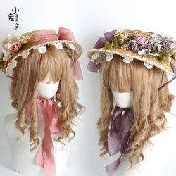 Chapeau de protection solaire Lolita Original fait à la main, chapeau de soleil en dentelle à large bord avec nœud floral de voyage, chapeaux de paille