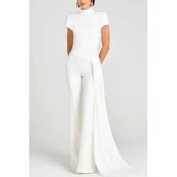 Haut à col haut élégant et tendance pour femmes, pantalon drapé, costume uni sculptural