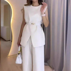 Ensemble deux pièces pour femmes, pantalon, col rond, ceinture, sans manches, blanc, taille haute, haut, couleur unie, jambes larges, pantalon Long, coupe cintrée, élégant
