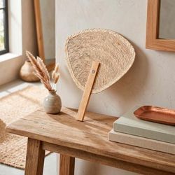 Handmade Winds,'Woven Beige Bulrush Reed Fiber Hand Fan with Wood Handle'