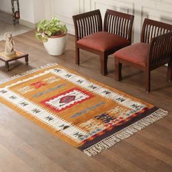 '4x6 Cotton Dhurrie Area Rug with Tribal-Inspired Patterns'