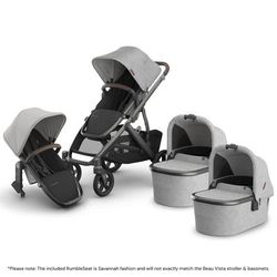 UPPAbaby Vista V3 Twin Stroller with RumbleSeat V3 + Bassinet Bundle - Beau / Savannah