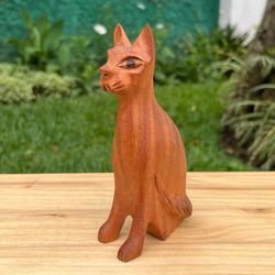 Feline Ode,'Animal-Themed Mahogany Wood Cat Figurine Carved by Hand'