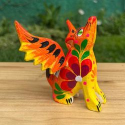 'Winged Wolf-Themed Hand-Painted Wood Alebrije Figurine'
