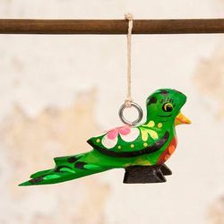 'Hand-Painted Guatemalan Quetzal Bird Wood Alebrije Ornament'