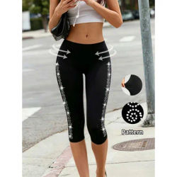 Offre Spéciale Été : Legging Capri Taille Haute Extensible pour Femme avec Strass, Pantalon de Yoga Court pour Tenue Quotidienne Décontractée