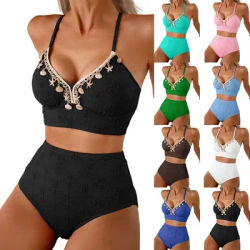 Maillot de bain femme 2026 – Ensemble bikini taille haute et haut court, couleur unie, deux pièces