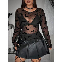 Haut en maille extensible pour Halloween, grande taille, imprimé chauve-souris foncée, haut à manches longues, Transparent, gothique, grande taille, vêtements pour femmes, nouvelle collection