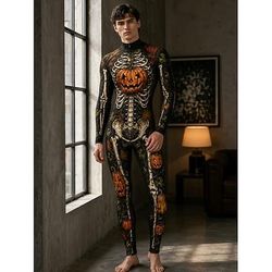 Halloween Tuta intera Body Zucca Scheletro completo del corpo Scheletro Zíper Traseiro Stampa Jack O Lantern Gotico Sinistro Unisex Costume per Club Festival Musicale Feste Halloween Carnevale