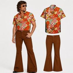 Set Retrò Vintage Hippie Anni '70 Pantaloni Abiti Camicia Maniche corte Hippie Disco Floreale Costume Per uomo Feste Abbigliamento quotidiano Adulti Camicia Pantaloni