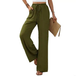 77HE – pantalon taille haute décontracté à jambes larges pour femmes, pantalon à jambes larges avec cordon serrage pantalon