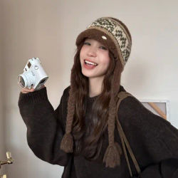 Chapeau de Protection des oreilles en laine pour femmes, Style Fair Isle, tricoté avec petit visage, Protection chaude et froide, automne et hiver, 2025
