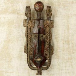 Twin Lizards,'Artisan Crafted Ghanaian Wood Wall Mask with Lizard Motif'