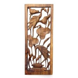 'Herons in a Lotus Pond' - Hand Made Suar Wood Bird Relief Panel