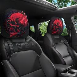 2/4 pezzi copri poggiatesta per auto con teschio rosso e fulmine, protezioni universali per poggiatesta auto, accessori interni gotici morbidi e traspiranti per auto e camion SUV, tragitto quotidiano