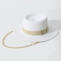 Chapeau de paille transfrontalier, Fedora de haute qualité avec motif de lettres en ruban tissé, Chapeau de soleil de plage pour l'extérieur