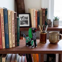 'Hand-Painted Wood Alebrije Figurine of Elongated Black Dog'