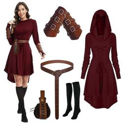 Set Retrò Vintage Medievale Rinascimento Asimmetrico Vestito Cintura in Vita Set di accessori con accessori Lunghe Arciere Fata Ranger Costume Per donna Fantasia Halloween Carnevale LARP Fiera