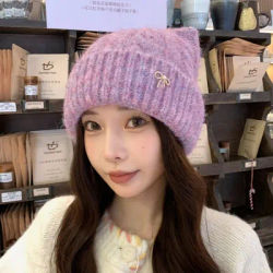 Pull rétro avec oreilles de chat, couleur unie, chapeau chaud en laine tricoté de Style japonais avec nœud Y2k pour femmes, bonnet pour dames