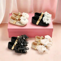 Baby Learning Walk Shoes, Metallic Shiny Infant Dress Shoes, Floral Rhinestone Bow Soft Daily Walking Footwear 0-1 Year