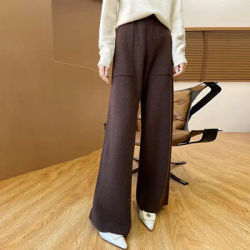 Pantalon large 100% Laine pour femme, style urbain, avec poches épaisses, chaud, taille haute, décontracté, Automne-Hiver