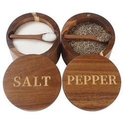 2 saliere in legno di acacia con cucchiaio e coperchio girevole, saliera incisa per piano di lavoro, contenitore per spezie in legno e ciotola per la conservazione in cucina