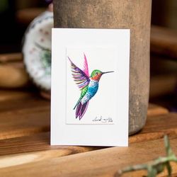 Garden Soul,'Stretched Signed Acrylic Painting of Multicolor Hummingbird'