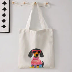 Sac fourre-tout imprimé chien teckel portant des lunettes de soleil roses et un pull en tricot, grand sac à main à bandoulière pour le shopping et les trajets quotidiens