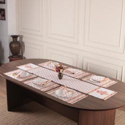 'Block-Printed 13-Piece Cotton Table Linen Set in Red & Gold'