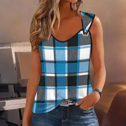 T-shirt imprimé à col rond pour femme, débardeur décontracté, style rétro sans manches, élégant, haut imprimé à col rond
