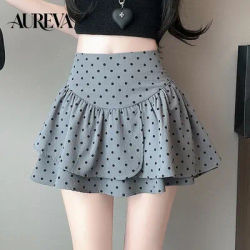 Mini-jupe coréenne à pois pour femme, taille haute, à volants, coupe trapèze, décontractée, pour le quotidien, avec doublure