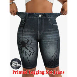 Shorts de motard pour femme taille haute imprimé araignée en faux denim, leggings extensibles effet denim imprimé avec poches