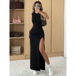 Robe longue décontractée pour femme, col rond, coupe ajustée, taille haute, fente élégante