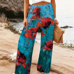 Pantalon large d'été pour femmes, imprimé floral, taille haute élastique, coupe ample, décontracté, pour les vacances, style palazzo