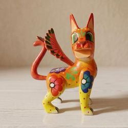 Winged Dog,'Painted Wood Winged Dog Alebrije Sculpture with Floral Art'