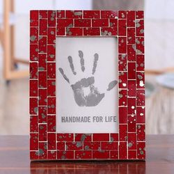 Cheerful Memories,'Red and Silver Rectangular 4x6 Glass Mosaic Photo Frame'